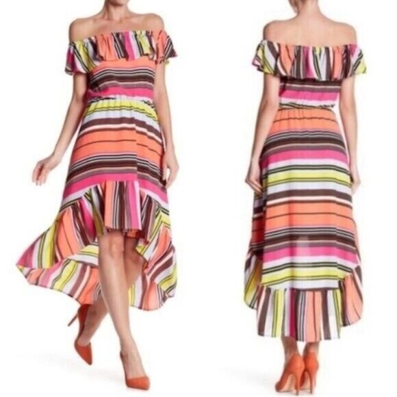 Charles Henry M Off The Shoulder Striped High Low Ruffle Dress Cocktail Party - Picture 2 of 9